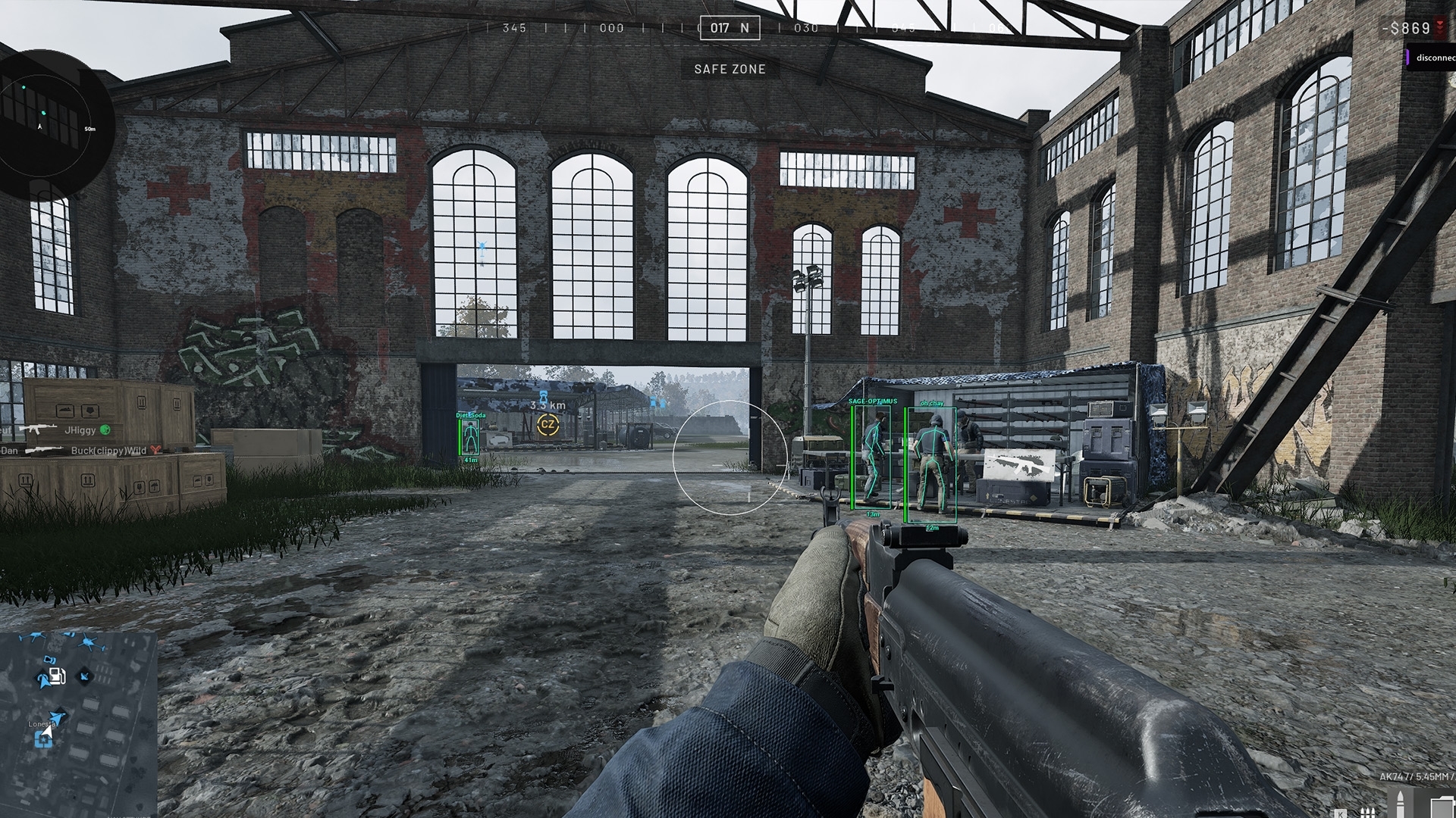 Wardogs External showing player boxes, skeletons and radar in a factory yard